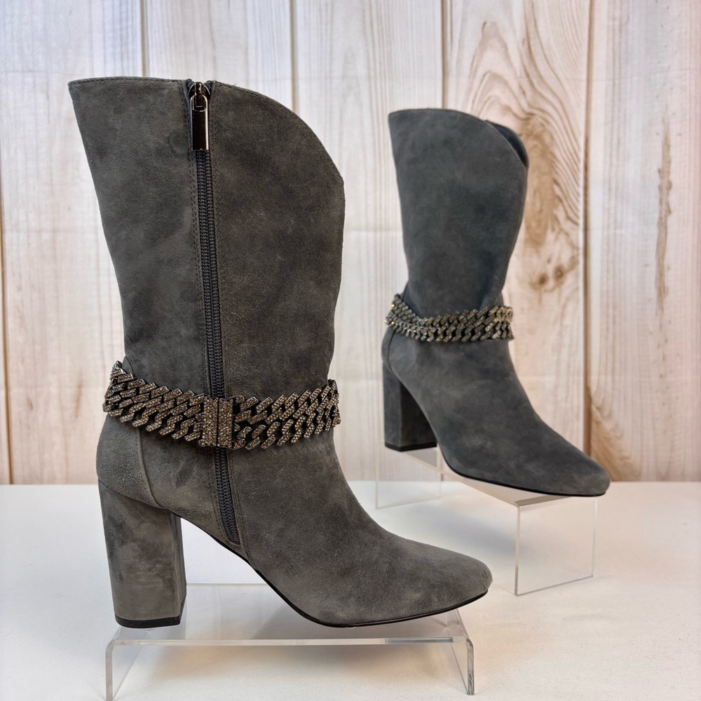 WHBM Suede Boots Chain Bracelet Chunky Mid Heel Boot Smoked Pearl Size 6 - Picture 2 of 16